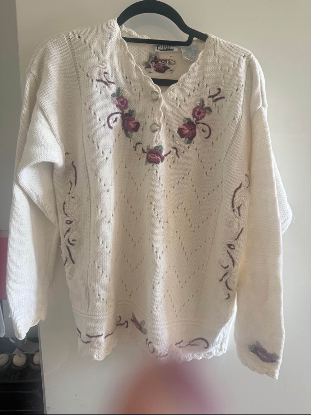 C. Wonder Cream Knit Sweater with Rose Embroidery vintage
